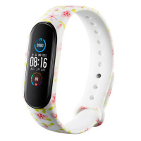 Ремешок Принт Mi Band 5/6 Розовые Цветы / Белый