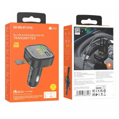 FM модулятор Borofone BC43 2USB QC3.0 Black, Чёрный
