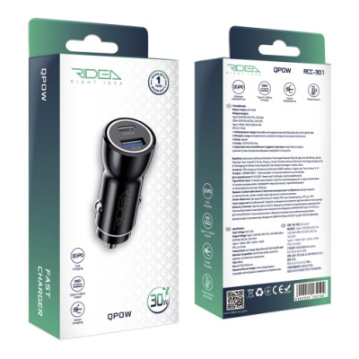 Автомобильное зарядное устройство Ridea RCC-30110 QPow 1 USB/1 USB-C 30W Black, Черный