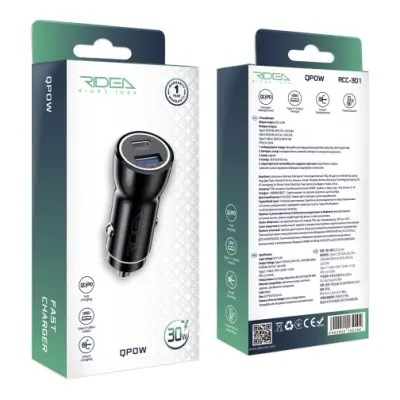 Автомобильное зарядное устройство Ridea RCC-30110 QPow 1 USB/1 USB-C 30W Black, Черный