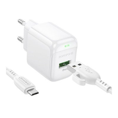 Мережевий зарядний пристрій Borofone BAS12A 1USB 18W QC3.0 + Micro USB White, Білий