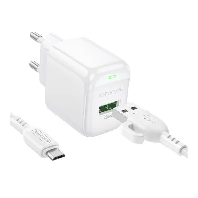 Мережевий зарядний пристрій Borofone BAS12A 1USB 18W QC3.0 + Micro USB White, Білий