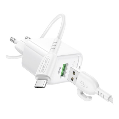 Мережевий зарядний пристрій Borofone BAS12A 1USB 18W QC3.0 + Micro USB White, Білий