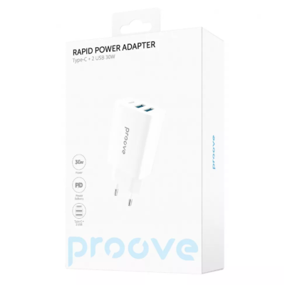 Мережевий зарядний пристрій Proove Rapid 30W PD+2USB White, Білий