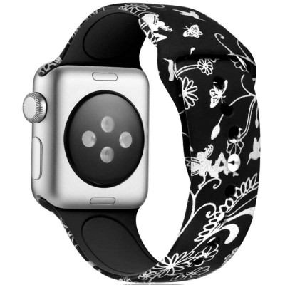 Ремінець Apple Watch 38мм Принт Силікон Чорний & Листя