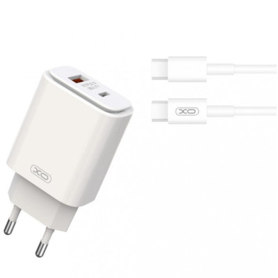 Сетевое зарядное устройство XO L90a 1USB + 1USB-С (20W) +Type-C to Type-C White, Белый