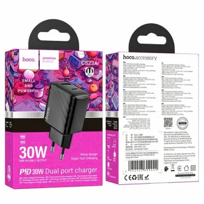 Мережевий зарядний пристрій Hoco CS23A USB-A/USB-C (30W) Black, Чорний