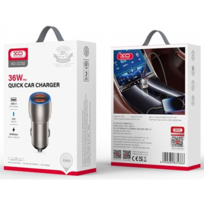Автомобільний зарядний пристрій XO CC52 2USB + кабель Type-C Grey, Сірий