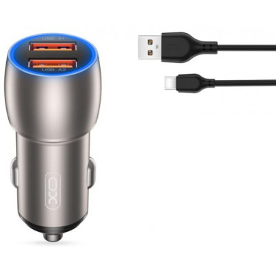 Автомобільний зарядний пристрій XO CC52 2USB + кабель Type-C Grey, Сірий