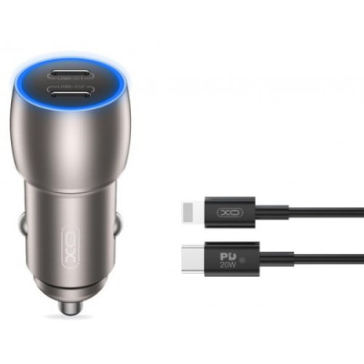 Автомобильное зарядное устройство XO CC51 2USB-C +  Type-C to Lightning QC 20w Grey, Серый