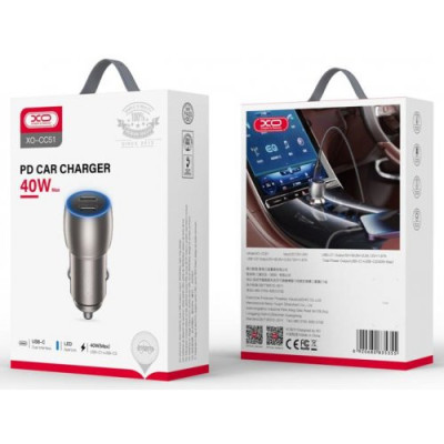 Автомобільний зарядний пристрій  XO CC51 2USB-C + Кабель Type-C to Lightning QC 20w Grey, Сірий