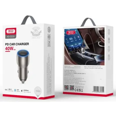 Автомобільний зарядний пристрій  XO CC51 2USB-C + Кабель Type-C to Lightning QC 20w Grey, Сірий