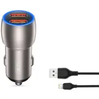 Автомобильное зарядное устройство  XO CC52 2USB + кабель Lightning Grey, Серый