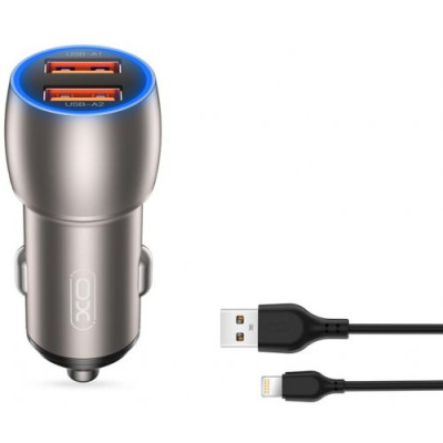 Автомобільний зарядний пристрій XO CC52 2USB + кабель Lightning Grey, Сірий