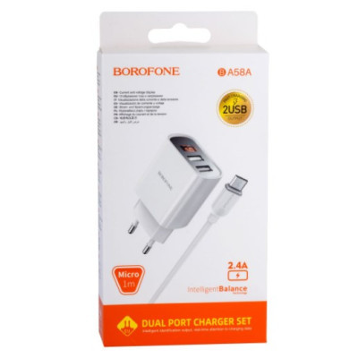 Сетевое зарядное устройство Borofone 2USB BA58A 2.4A+ MicroUSB Белый