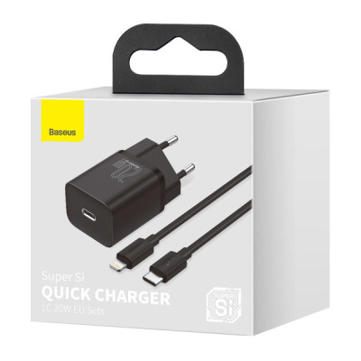 Мережевий зарядний пристрій Baseus Super Si 20W + Кабель Type-C to Lightning Black, Чорний