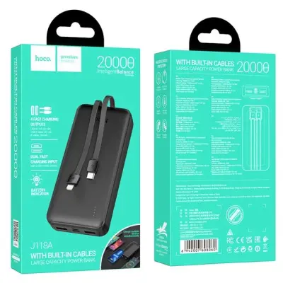 Универсальная мобильная батарея Повербанк Hoco J118a Speed energy with cable 20000mAh Чёрный Универсальная мобильная батарея Повербанк Hoco J118a Speed energy with cable 20000mAh Чёрный