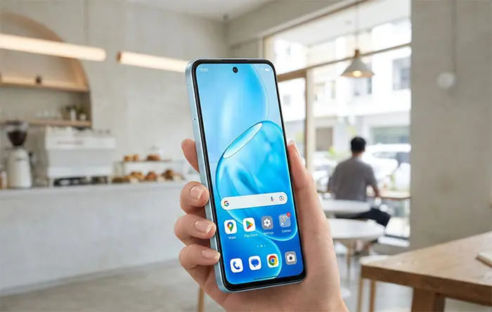 Широкоформатна фотографія смартфона OPPO в кольорі Ice Blue, утримуваного жіночою рукою з манікюром. Яскравий 90-герцовий дисплей смартфона увімкнений, показуючи інтерфейс Android. На задньому плані розмите інтер'єр сучасного світлого кафе.