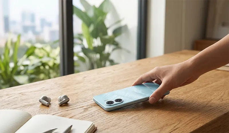 Широкоформатна фотографія дерев'яного робочого столу біля вікна. Жіноча рука кладе смартфон OPPO в кольорі Ice Blue (спинкою з хвилястою текстурою та камерами вгору) на стіл поруч із бездротовими навушниками та блокнотом. З вікна видно зелень та міський пейзаж.