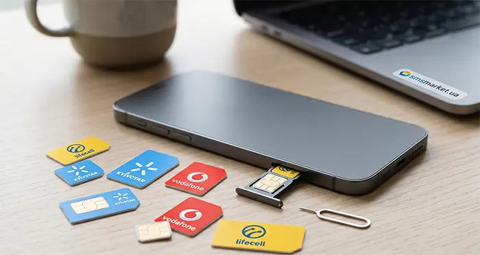 Широкоформатне фото смартфона на дерев'яному столі із розкиданими SIM-картками Київстар, Vodafone та Lifecell.